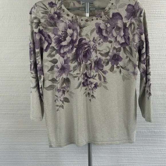 Women’s Floral Glitter Knit Top with Embellished Neckline - Purple/Gray - Picture 11 of 16